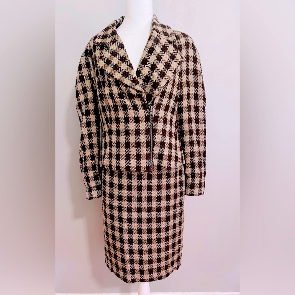 Ellen Tracy Size 6 Brown & Beige Gingham Tweed Skirt Suit Set Careerwear - Picture 2 of 7